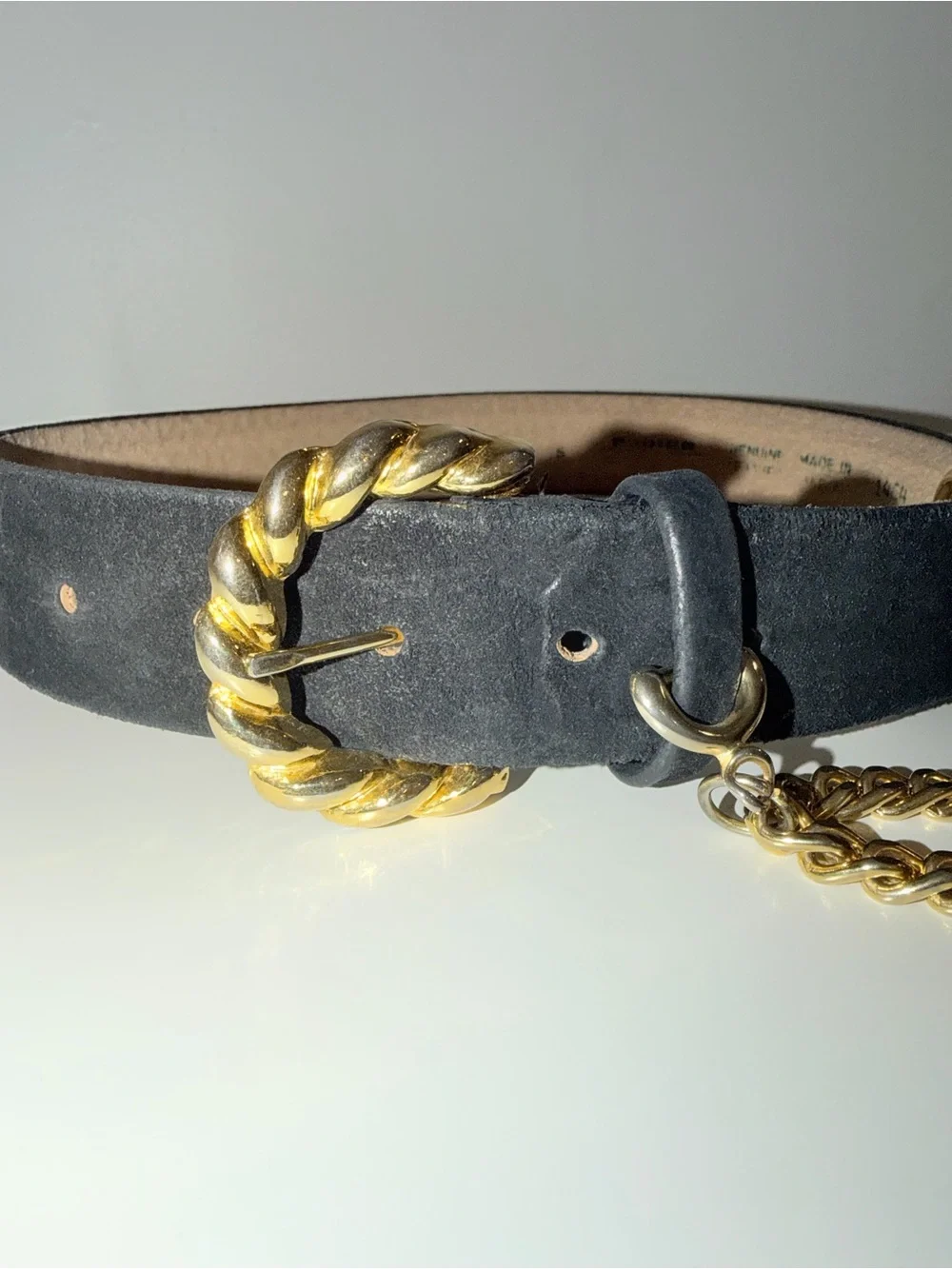 Vtg Rodier Black Genuine Leather Suede Belt with Gold Chain Accent, Sz S